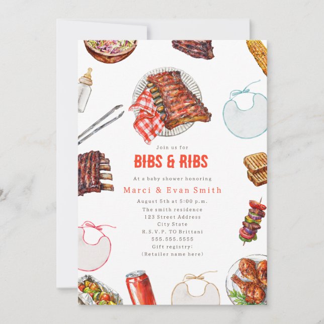 Bibs & Ribs BBQ Picknick Neutrala Babyshower  Inbjudningar (Framsida)