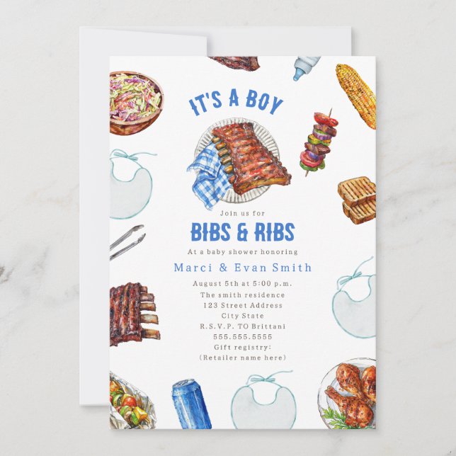 Bibs & Ribs BBQ Picknick Pojke Baby Shower  Inbjudningar (Framsida)