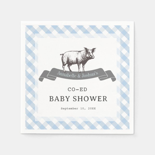 Bibs & Ribs BBQ Rustic Blue Gingham Baby Shower Pappersservett (Framsidan)