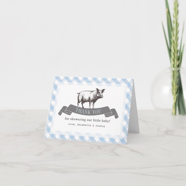 Bibs & Ribs BBQ Rustic Blue Gingham Baby Shower Tack Kort (Framsida)