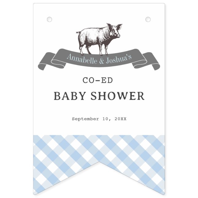 Bibs & Ribs BBQ Rustic Blue Gingham Baby Shower Vimplar (Andra flaggan)