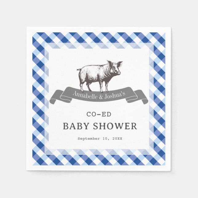 Bibs & Ribs BBQ Rustic Navy Rutigt Baby Shower Pappersservett (Framsidan)
