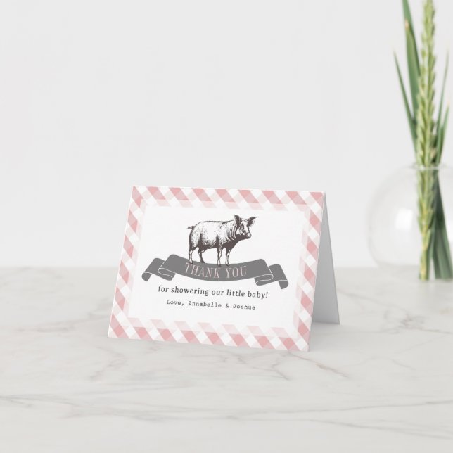 Bibs & Ribs BBQ Rustic Rosa Gingham Baby Shower Tack Kort (Framsida)