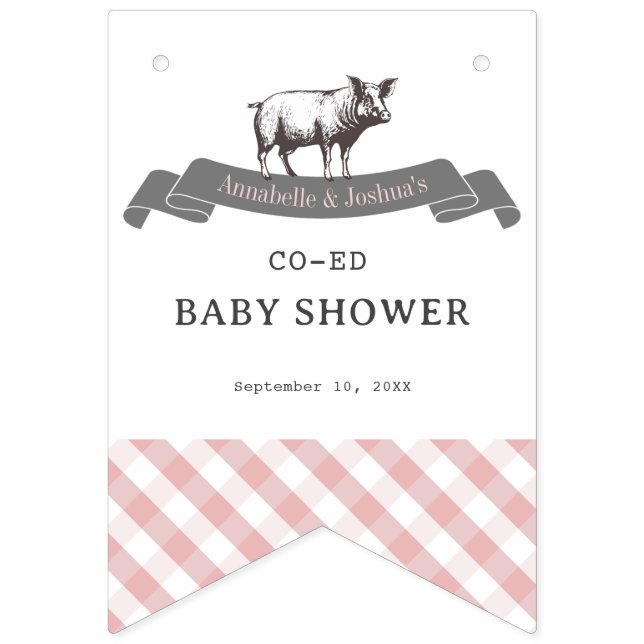 Bibs & Ribs BBQ Rustic Rosa Gingham Baby Shower Vimplar (Andra flaggan)