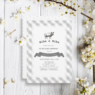 Bibs & Ribs Rustic Grått Gingham Co-Ed Baby Shower Inbjudningar