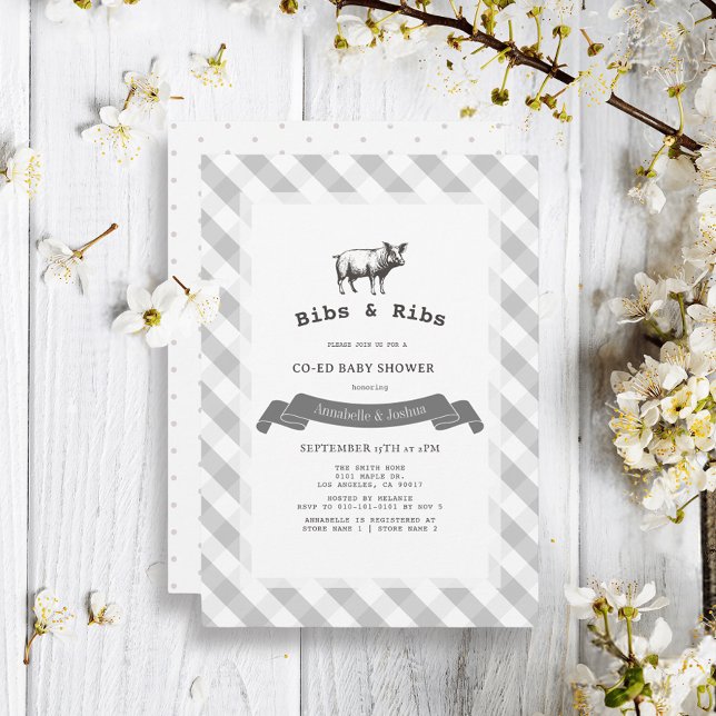Bibs & Ribs Rustic Grått Gingham Co-Ed Baby Shower Inbjudningar (Skapare uppladdad)