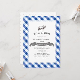 Bibs & Ribs Rustic Navy Rutigt Babykalas för Pojka Inbjudningar