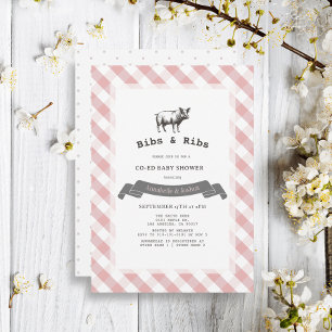 Bibs & Ribs Rustic Rosa Gingham Co-Ed Baby Shower Inbjudningar
