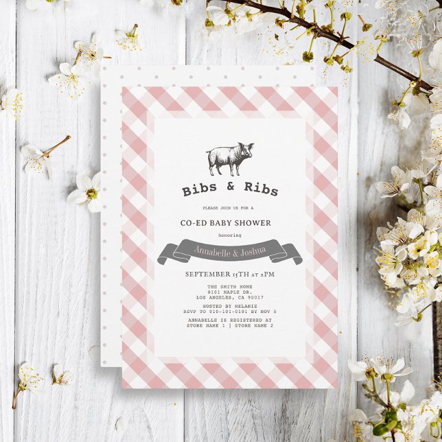 Bibs & Ribs Rustic Rosa Gingham Co-Ed Baby Shower Inbjudningar (Skapare uppladdad)