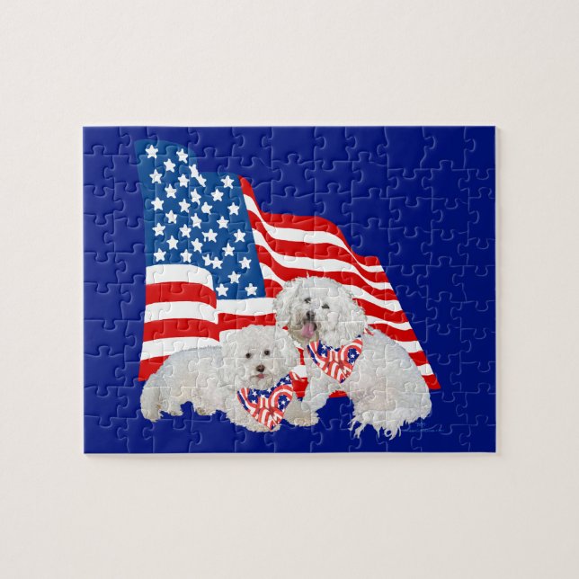 Bichon Frise American Flagga Pussel (Horisontell)