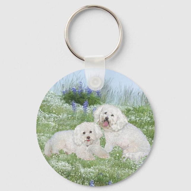 Bichon Frise Bluebonnets Nyckelring (Framsida)