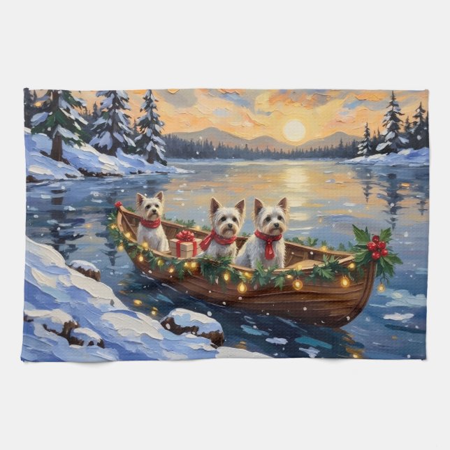 Bichon Frise Christmas Boat Holiday Kökshandduk (Horisontell)
