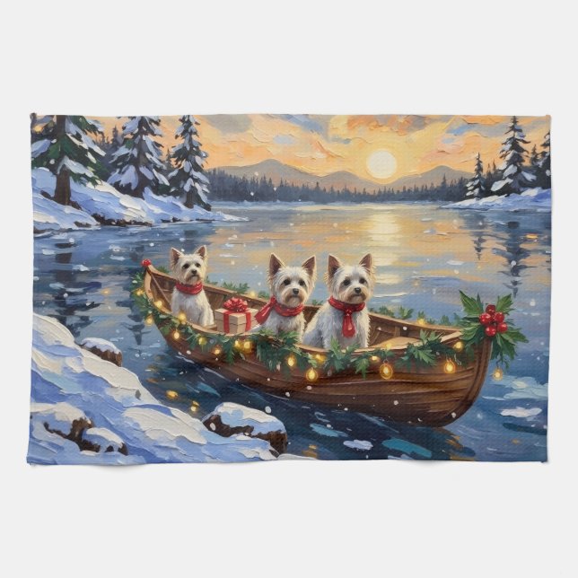 Bichon Frise Christmas Boat Holiday Kökshandduk (Horisontell)