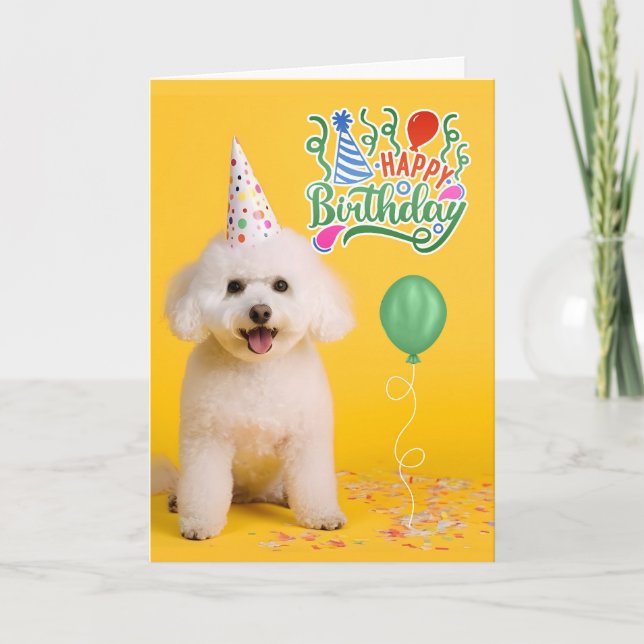 Bichon Frise Dog in Party Hat on Yellow Birthday Kort (Framsida)