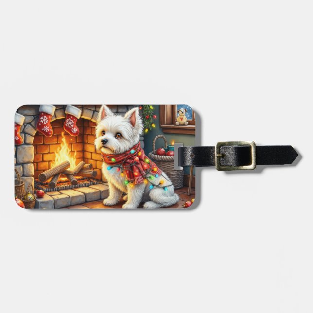 Bichon Frise Fireplace with Christmas Lights Bagagebricka (Horisontell Framsida)