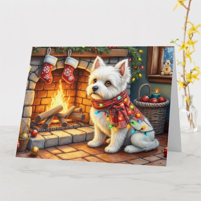 Bichon Frise Fireplace with Christmas Lights Kort (Gul blomma)