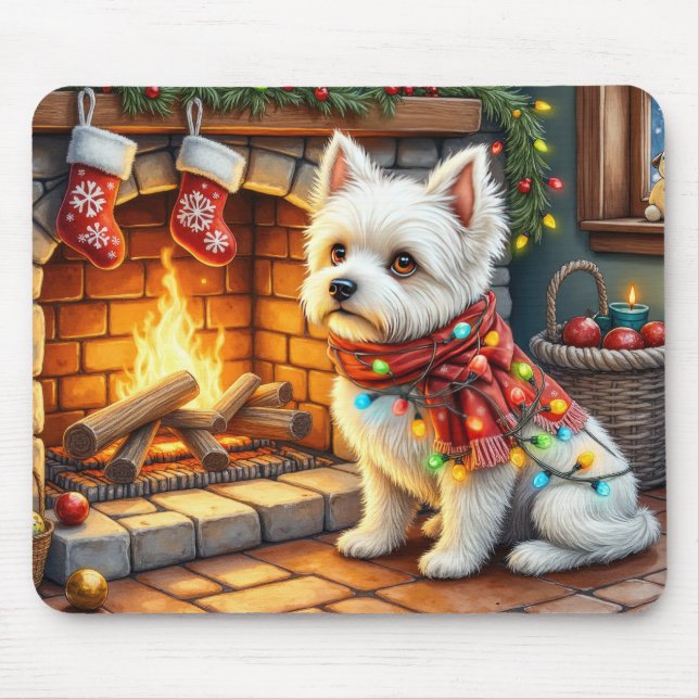 Bichon Frise Fireplace with Christmas Lights Musmatta (Framsidan)