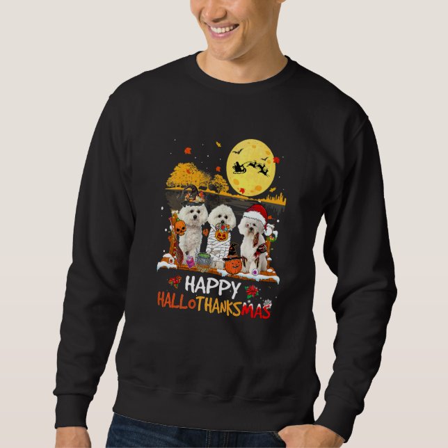 Bichon Frise Glad Hallothanksmas Halloween Tack Lång Ärmad Tröja (Framsida)