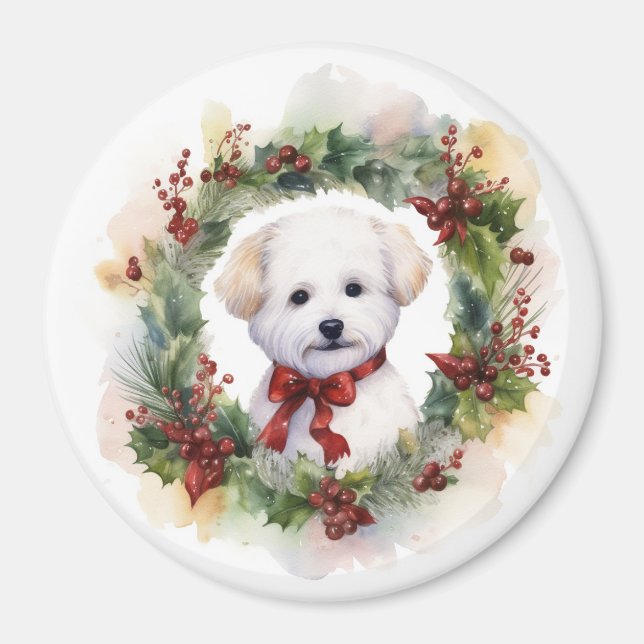 Bichon Frise God Jul Utandning Festive Valp Magnet (Framsidan)