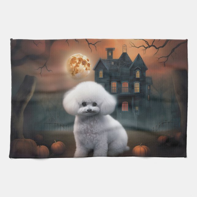 Bichon Frise Halloween Skräckinjagande Kökshandduk (Horisontell)