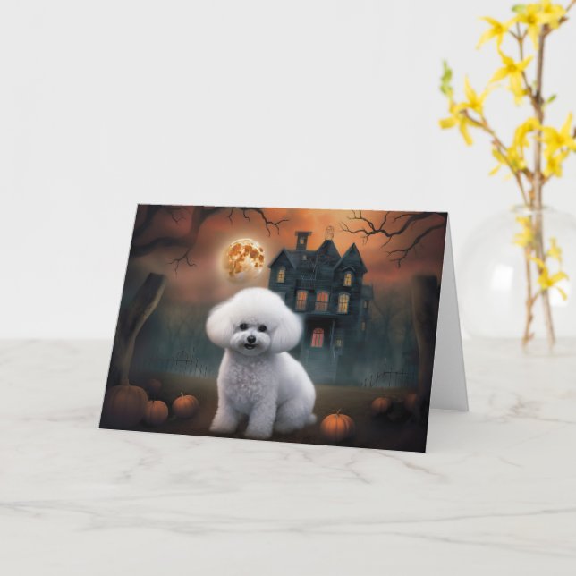 Bichon Frise Halloween Skräckinjagande Kort (Gul blomma)