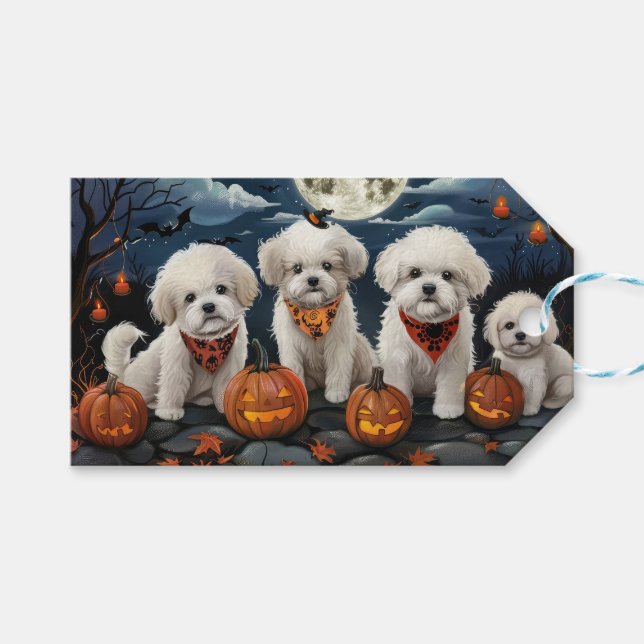 Bichon Frise Halloween Spooky Presentetikett (Framsidan (Horisontell))