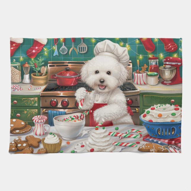Bichon Frise Helgdag Baking: God jul Kökshandduk (Horisontell)