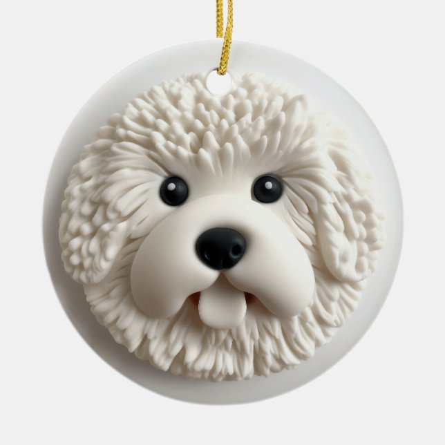 Bichon Frise Hund 3D Inspired Julgransprydnad Keramik (Framsidan)