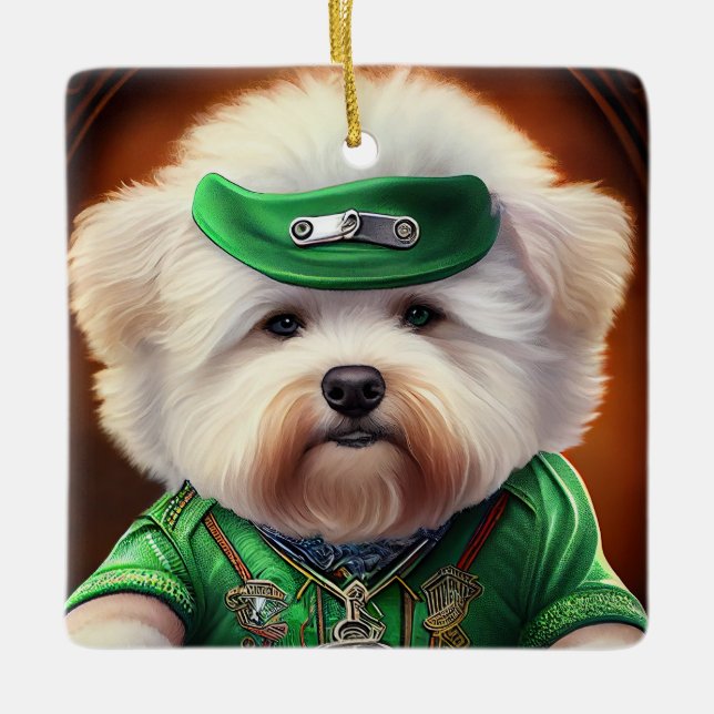 Bichon Frisé Hund Driving Bike St Patrick's Day Julgransprydnad Keramik (Framsida)