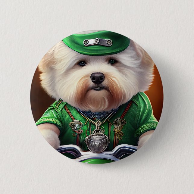 Bichon Frisé Hund Driving Bike St Patrick's Day Knapp (Framsida)