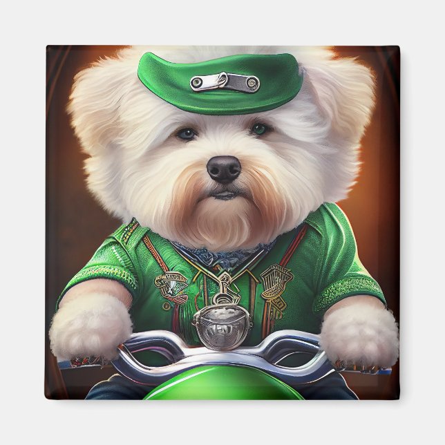 Bichon Frisé Hund Driving Bike St Patrick's Day Magnet (Framsidan)