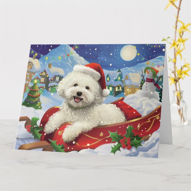 Bichon Frise Hund i julen i Sleigh Snö Kort (Gul blomma)