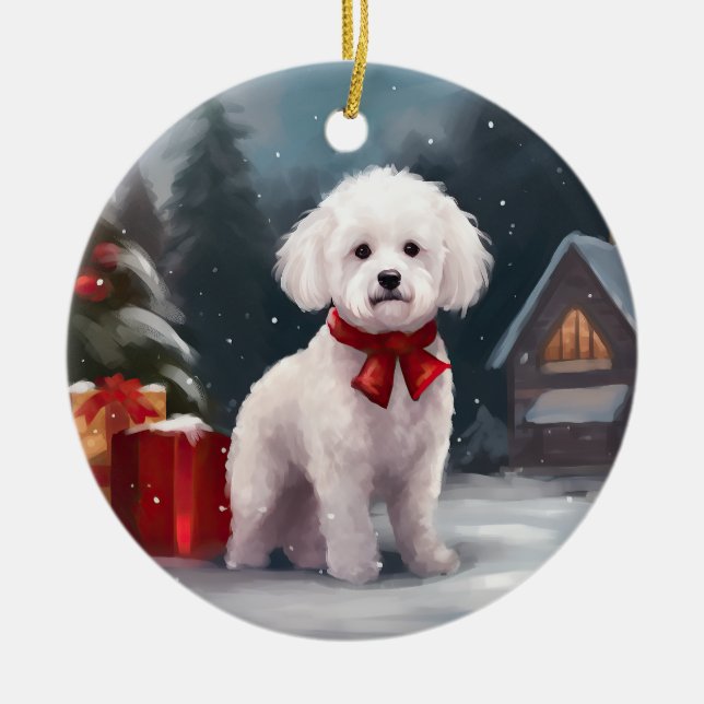 Bichon Frise Hund i julen i Snö Julgransprydnad Keramik (Framsidan)