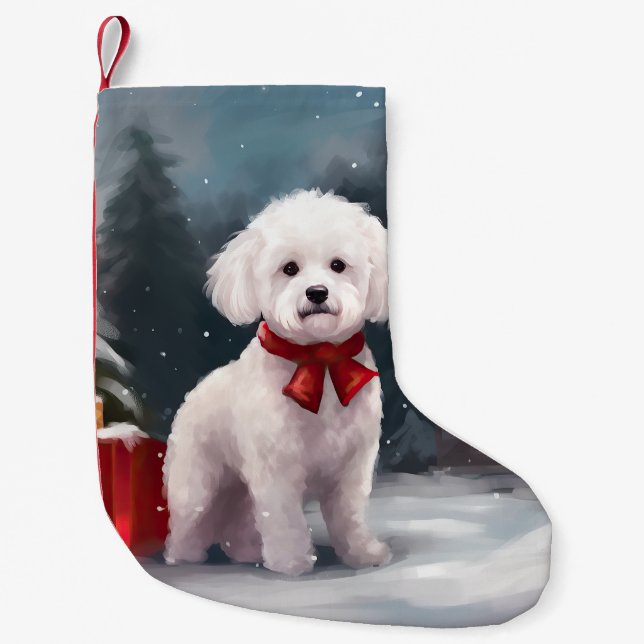 Bichon Frise Hund i julen i Snö Liten Julstrumpa (Framsidan)