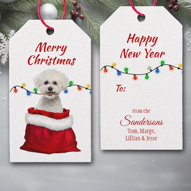 Bichon Frise Hund i Santa Bag Presentetikett (Skapare uppladdad)