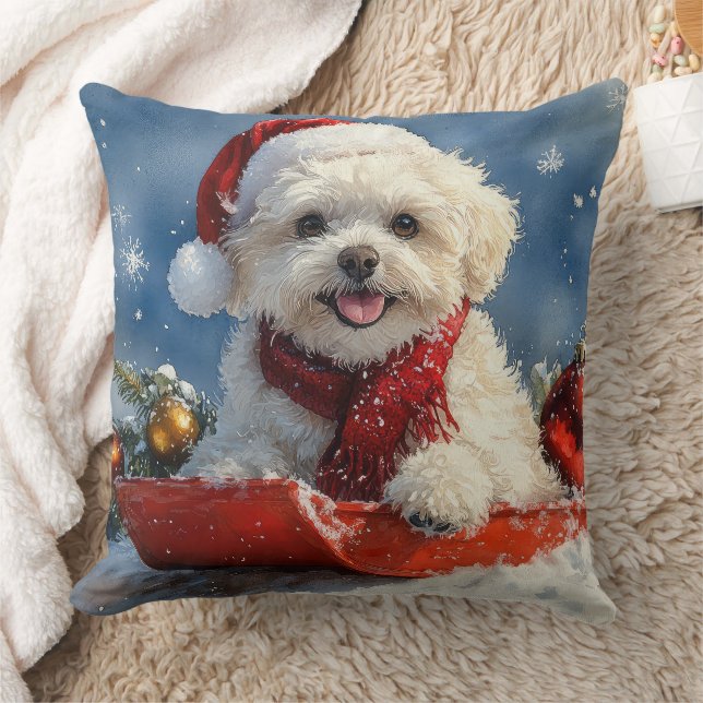 Bichon Frise Hund i Släd Låt det Snöa Jul  Kudde (Filt)