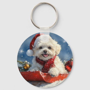 Bichon Frise Hund i Släd Låt det Snöa Jul  Nyckelring