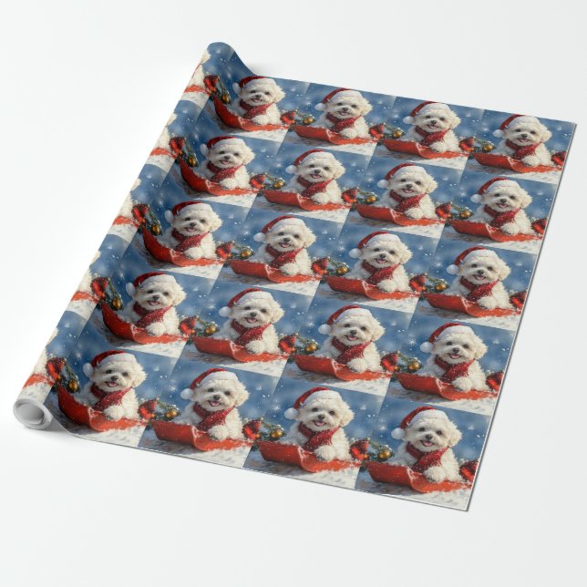 Bichon Frise Hund i Släd Låt det Snöa Jul  Presentpapper (Utrullad)