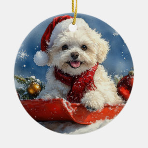 Bichon Frise Hund i Släde Låt det Snöa Jul Julgransprydnad Keramik