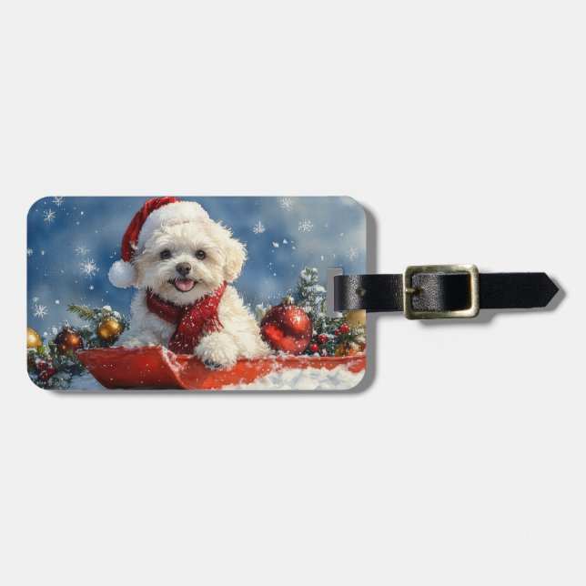 Bichon Frise Hund i Sledge Låt det snöa jul Bagagebricka (Horisontell Framsida)