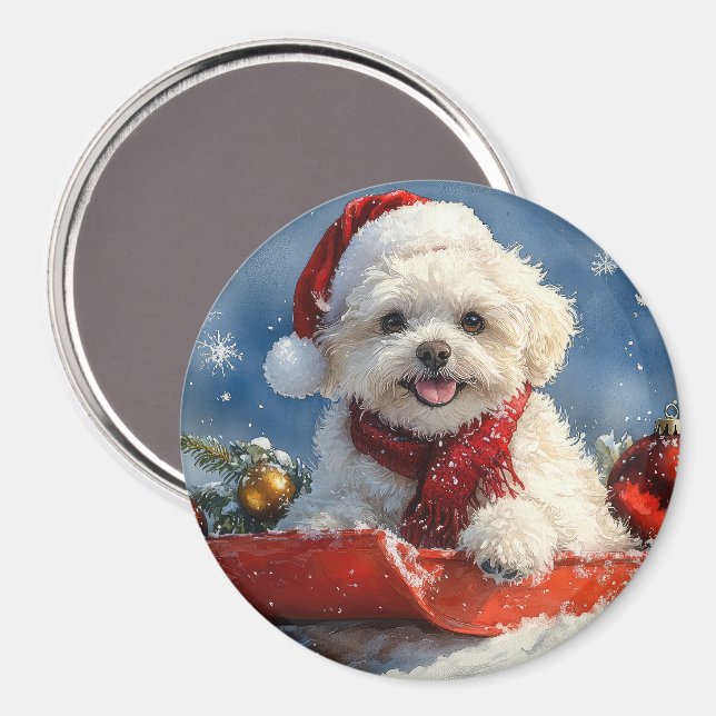 Bichon Frise Hund i Sledge Låt det snöa jul Magnet (Front/Back)