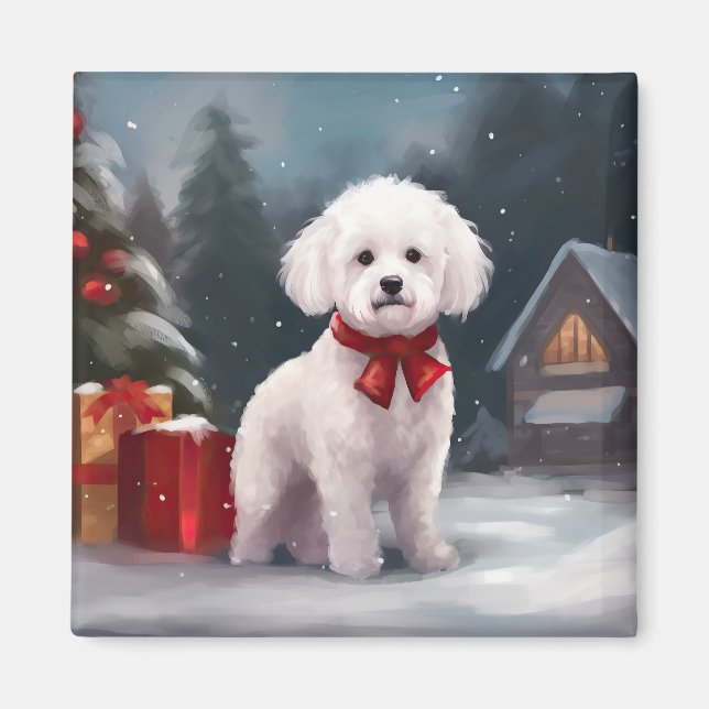 Bichon Frise Hund i Snö Jul Magnet (Framsidan)
