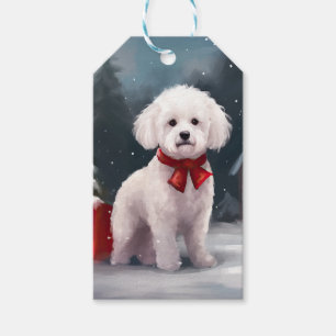 Bichon Frise hund i snö jul Presentetikett