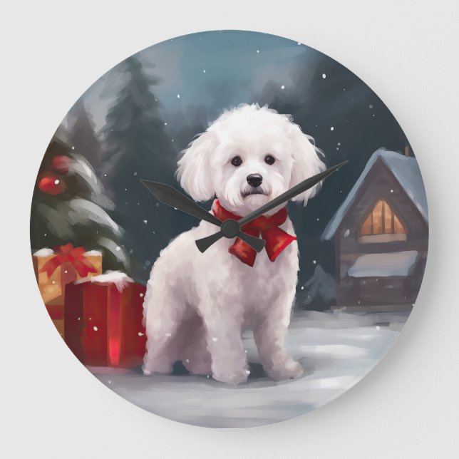 Bichon Frise hund i snö jul  Stor Klocka (Framsida)