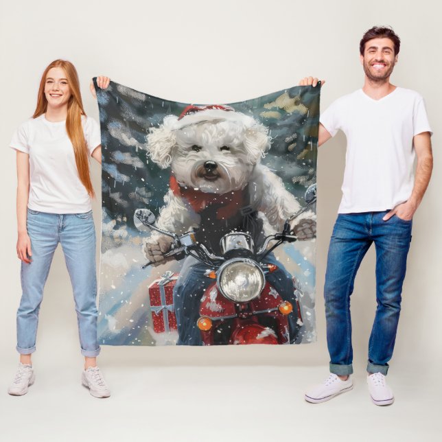 Bichon Frise Hund Kör Motorcykel Jul Fleecefilt (På plats)