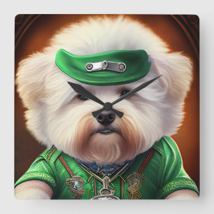 Bichon Frisé Hund Körande Cykel St. Patrick's Day Fyrkantig Klocka