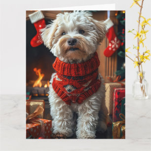 Bichon Frise Hund med julklappar Kaminen Kort