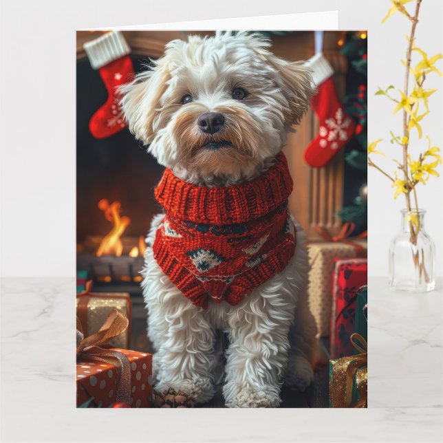 Bichon Frise Hund med julklappar Kaminen Kort (Gul blomma)