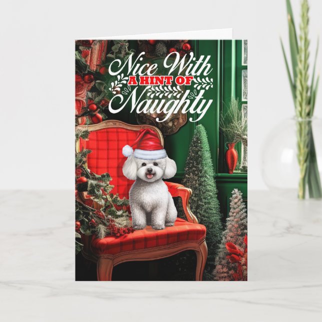 Bichon Frise-Hund Naughty eller Nice Helgkort (Framsida)