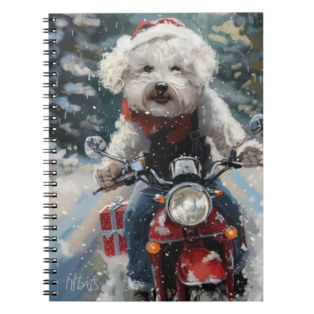 Bichon Frise Hund Riding Motorcykel jul Anteckningsbok (Framsidan)